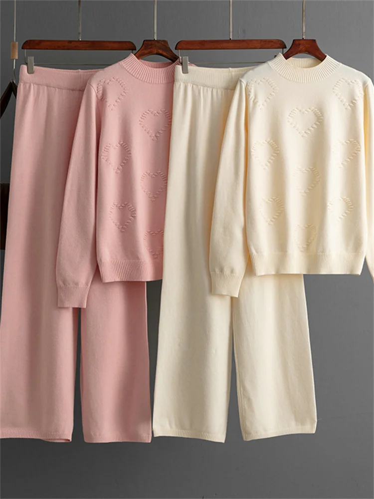 Half high neck sweater love fashion set women's solid color casual pants wide leg pants two-piece set