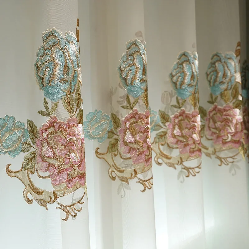 European Style Embroidered Luxury Curtains for Living Room Bedroom 3D Floral Pink Curtains High Precision Window Tulle Customize