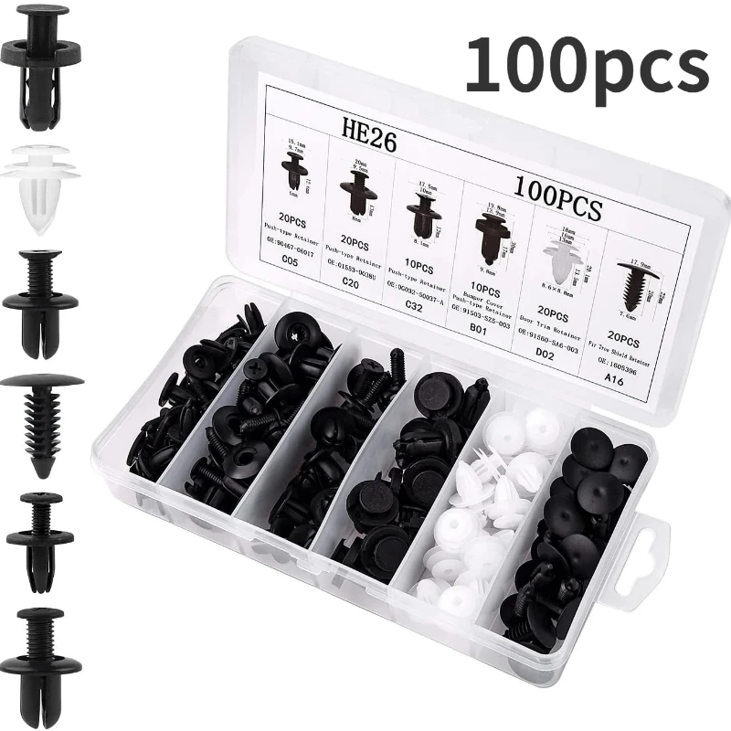 

100pcs Mixed Auto Fasteners Car Bumper Clips Fasteners Rivet Door Panel Fender Liner Universal Clips Kit Car Accessories