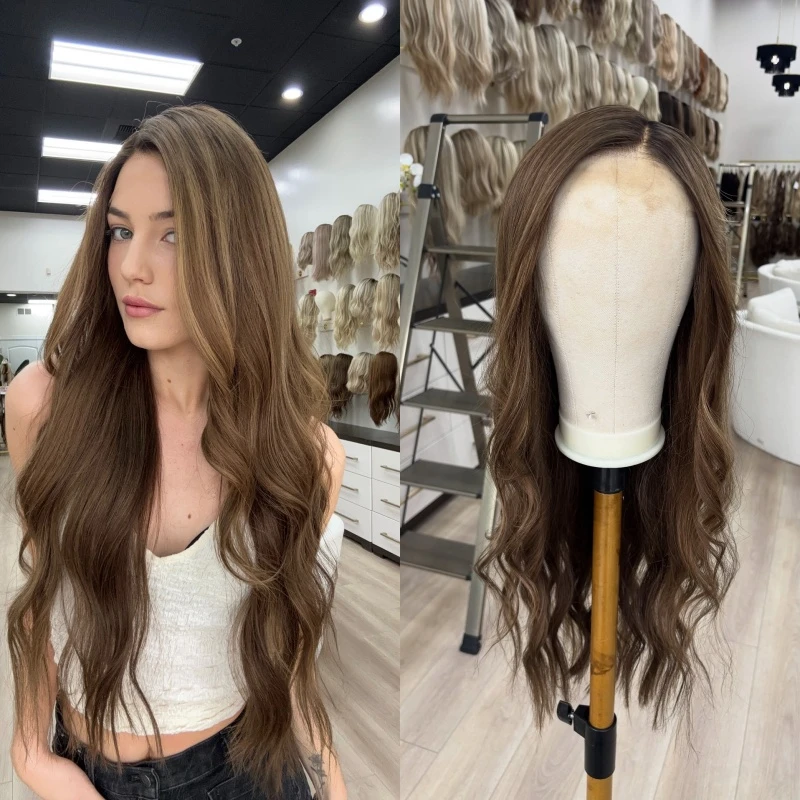 

13x4 Ombre Warm Brown Highlights Synthetic HD Lace Front Wig Invisible HD Cheap Sale Easy to Wear 30 Inch Super Long Wave Wig