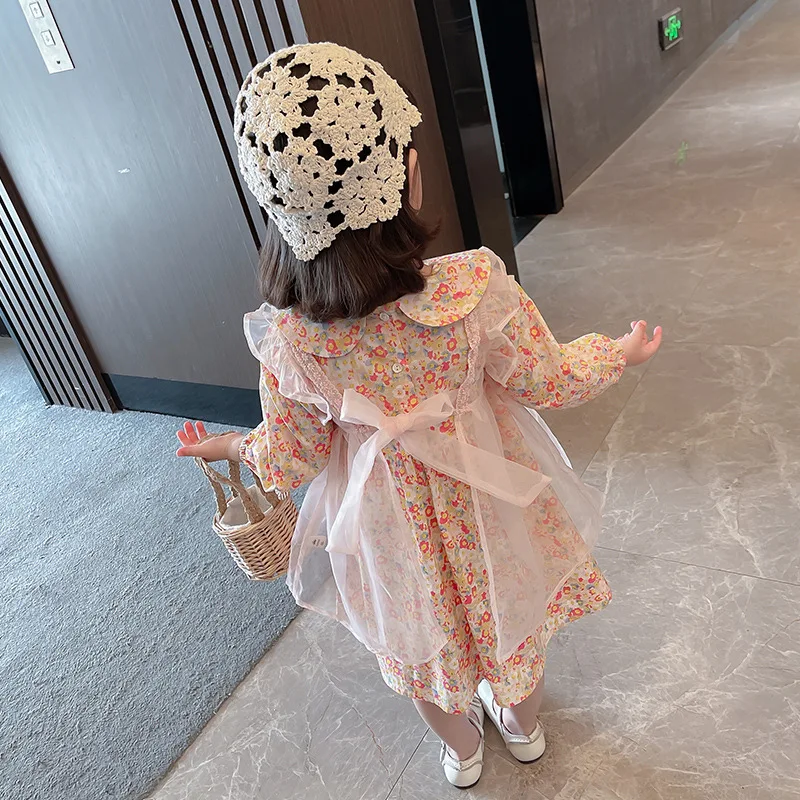 Spring Autumn New Children Girls Clothing Sets Cute Floral Dress+ Mesh Cover Dress Baby Clothes Suit Girls Fashion Kids Outfit