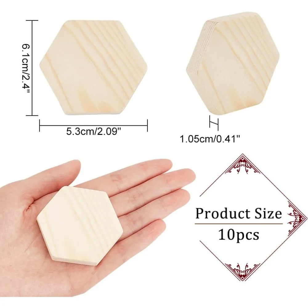 10 Pcs Wooden Hexagon Cutouts, 0.41