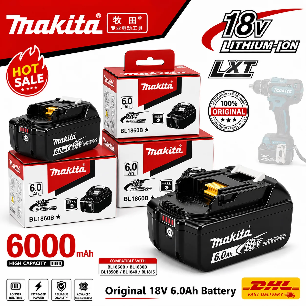 

2026 Hot Sale Makita 18V 6000mAh Original Battery for BL1830B to BL1860B Tools