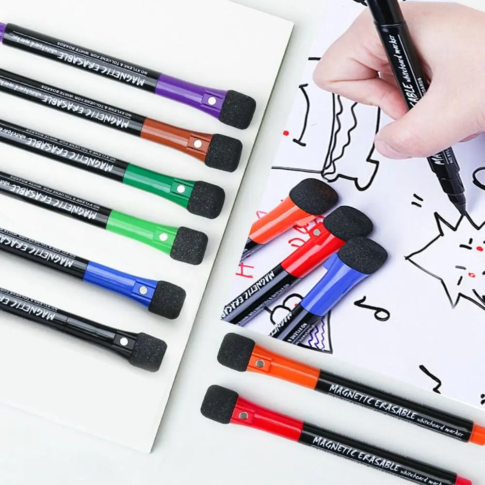 8pcs Drawing Colorful Whiteboard Markers Erasable Multifunction Water Color Pens Sponge Head Portable Magnetic Marker Pens