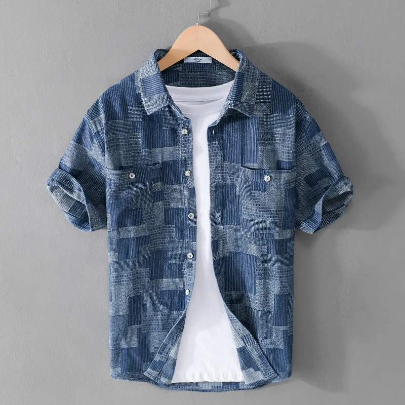 Summer Fashion Blue Check Denim Shirts for Men Short Sleeve Loose Handsome Cool Plaid Workwear 24ss Y2k Youth Male Tops Cityboys