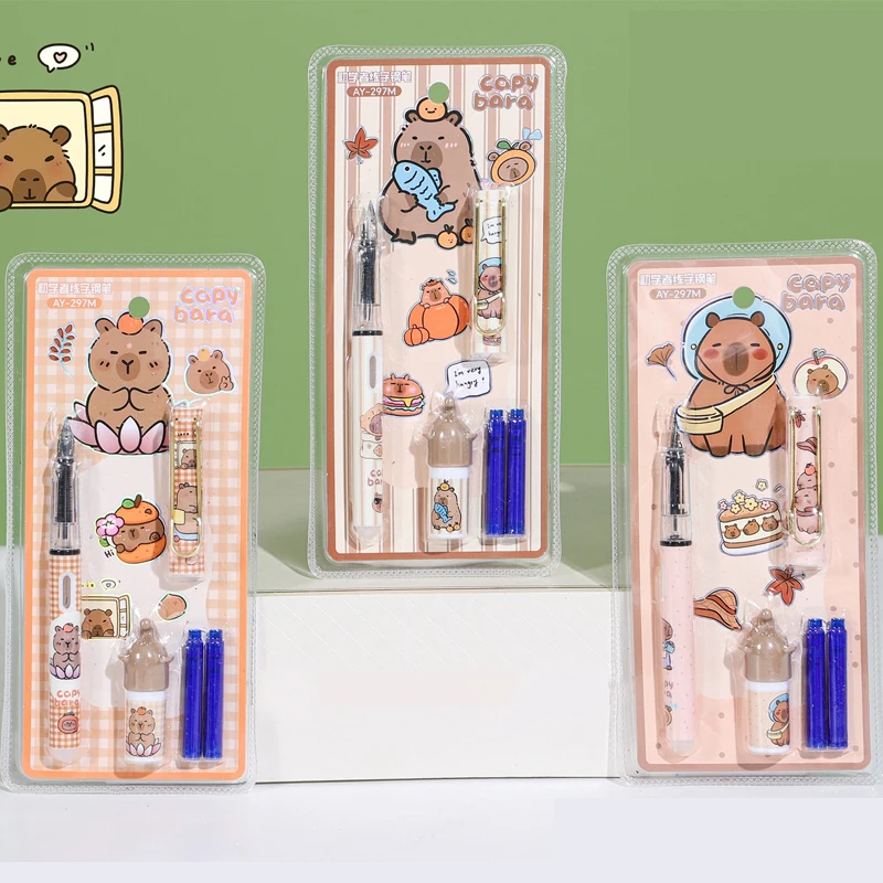 New 3Pcs Capybara Cartoon Fountain Pen Set Cute School Student Pens Thermally sensitive erasable Replacable Ink Set Stationer G