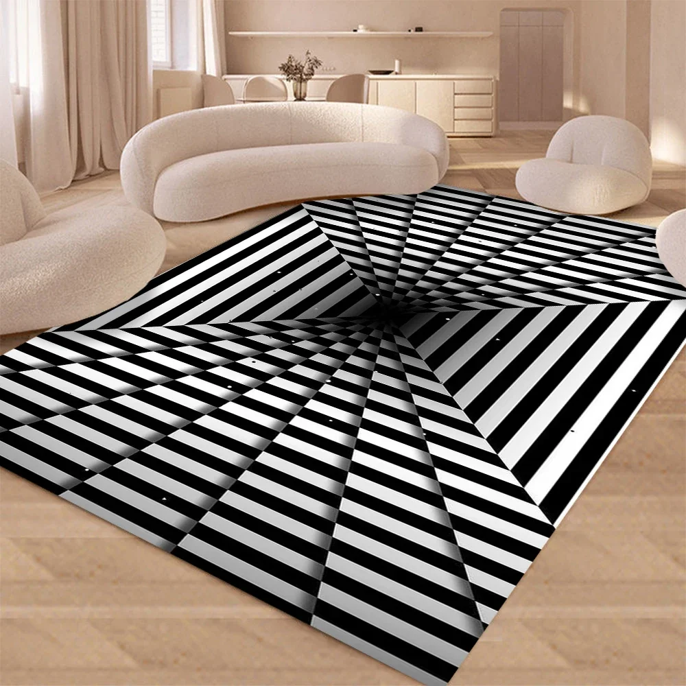

3D вихревой иллюзорный коврик для спальни, гостиной, нескользящий напольный коврик, черный, белый цвет, геометрический оптический декор