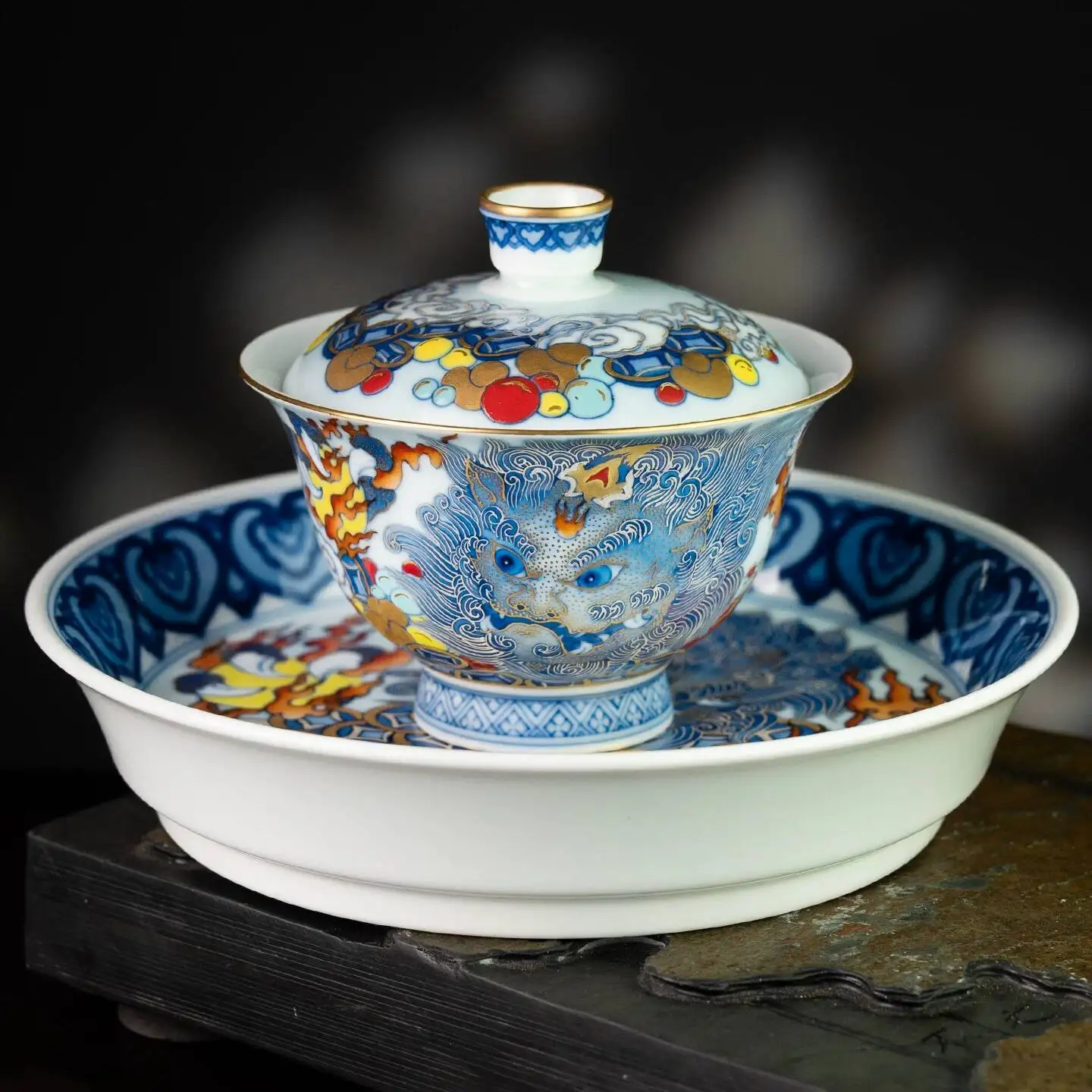 Shenzhen Tang Mythical Beast Series Blue White Pink Caicuo Gold And Silver Tongbao Pixiu King Covered Bowl