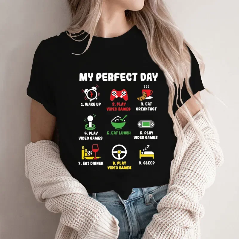 

Play Playing Lover Tee Shirts Tops Outfit Women's T-shirts My Perfect Day Gamer Cool Gamer Video Game Funny Tshirts Video Games