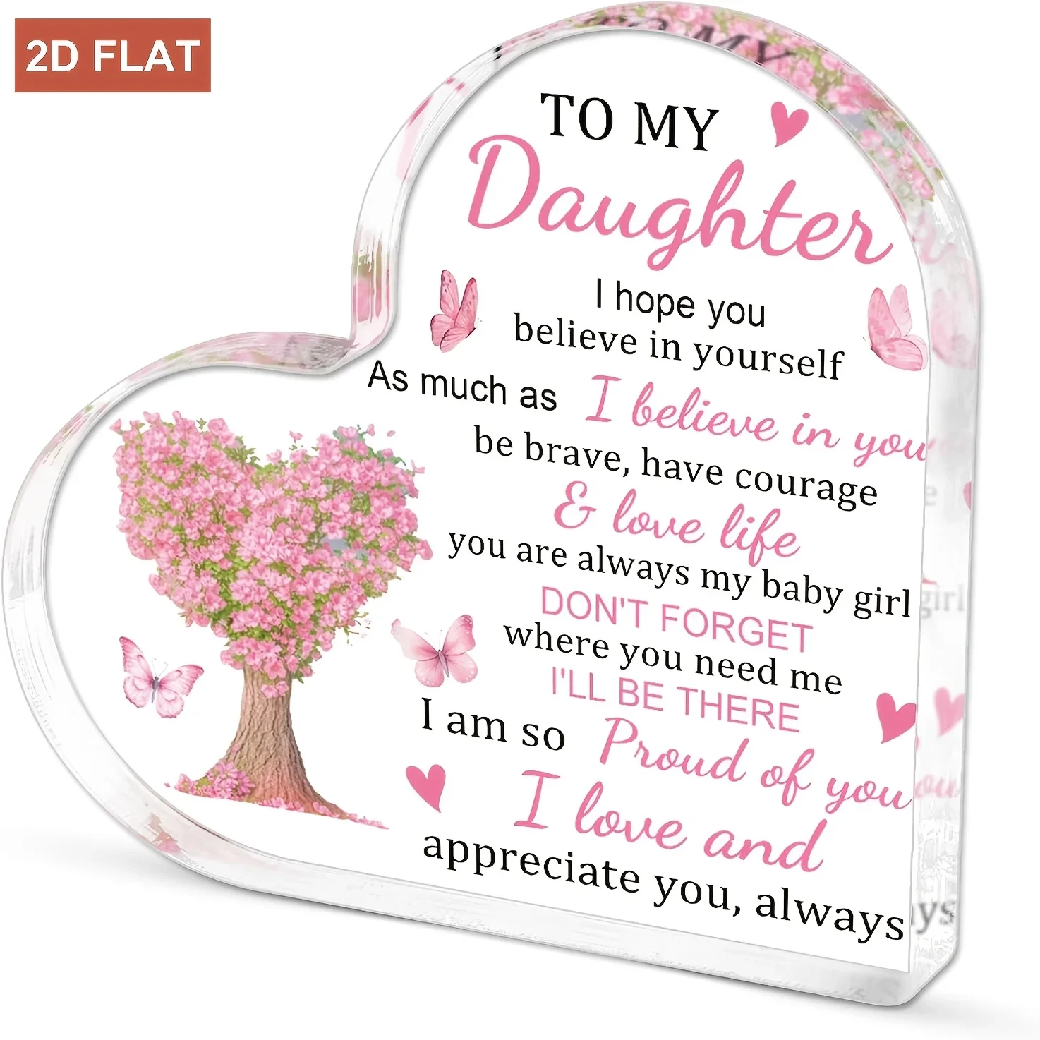 2D Flat, 1pc to MY DAUGHTER Plaque - Heart-Shaped Gift with Pink Floral Tree & Butterfly Design, Suitable for Daughter's Birthday, Graduation Milestone Gift from Parents, or Study Room Decor, Sentimental Home Decoration