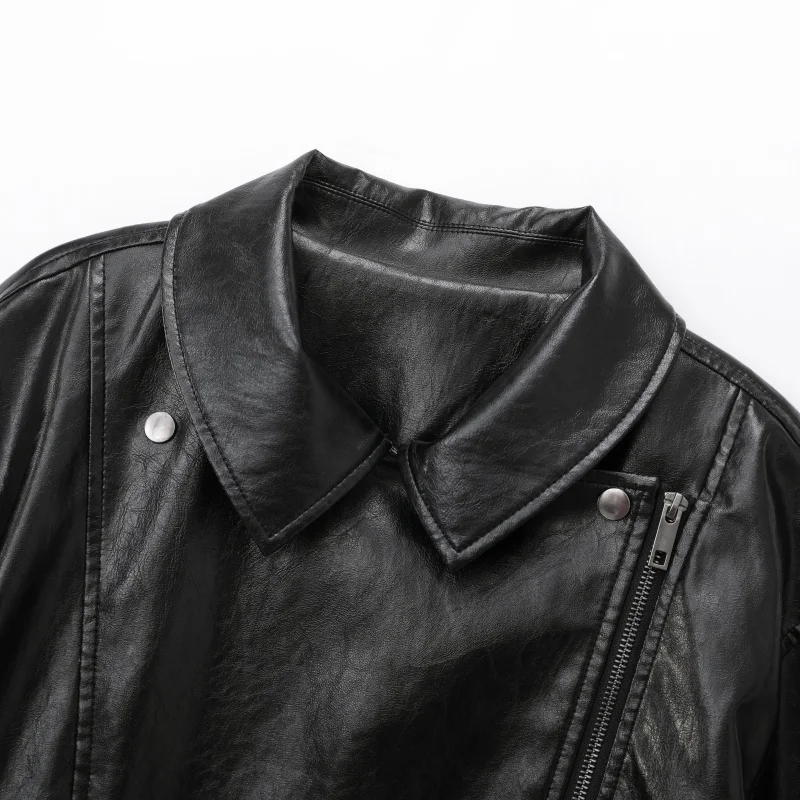 ของแท้ คุณภาพสูง ระดับไฮเอนด์ เสื้อแจ็คเก็ตหนังเทียมทรงหลวมสำหรับผู้หญิง รุ่นใหม่ปี 2026 สีดำ