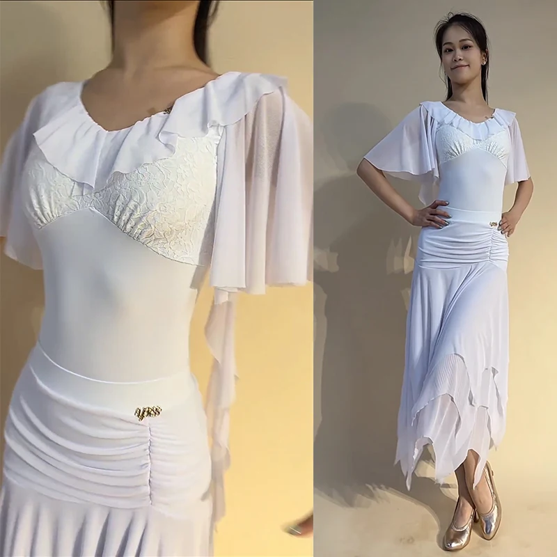 White Ballroom Dance Clothes Women Lace Tops Irregular Multi Layers Skirt Practice Clothing Competition Dress Waltz Dance Dress