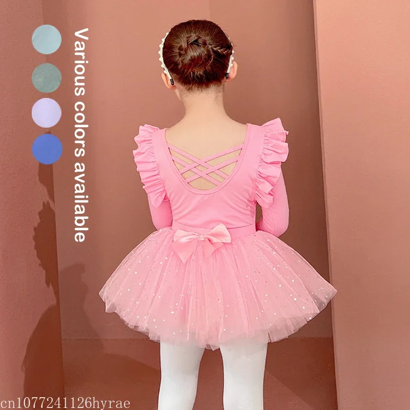 

Girls Long Sleeve Ballet Leotards Shiny Skirted for Dance (Toddler/Little Kid) Sequin Sparkle Bow Knot Tulle Tutu Athletic Pink