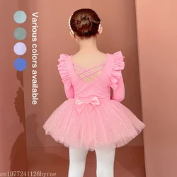 Girls Long Sleeve Ballet Leotards Shiny Skirted for Dance (Toddler/Little Kid) Sequin Sparkle Bow Knot Tulle Tutu Athletic Pink
