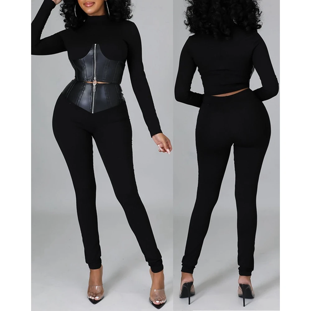 Long Sleeve Top and Skinny Pants Set for Women Contrast PU Leather Zipper Design Casual Streetwear, Slim Fit, Two Suit Sets, Y2K