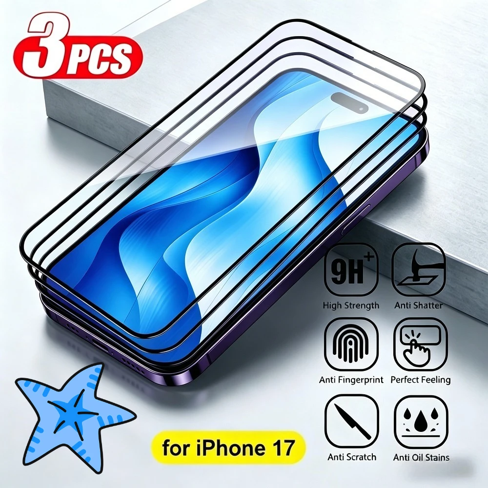 

Комплект из 3 защитных стекол с полным покрытием для iPhone 17, 16, 15, 14 Pro Max, 17e, 16e, 15 Plus, Air, 13, 12, 11 Pro, Mini, твердость 9H, закаленное стекло