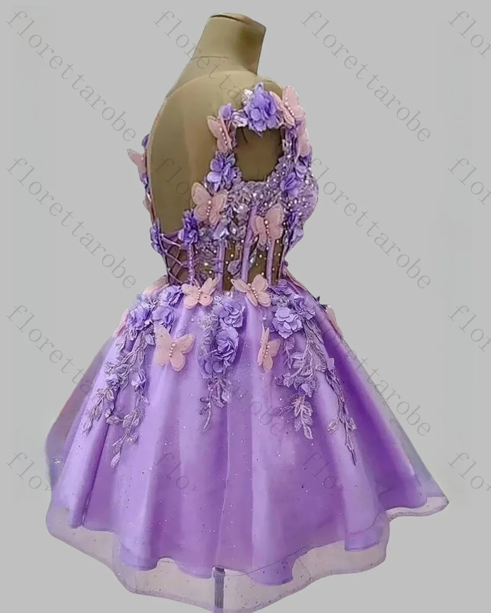 Customized Lavender Off Shoulder Tulle A Line Mini Dress 3D Flower Butterfly Appliques Corset Elegant Short Homecoming Gown - view 2
