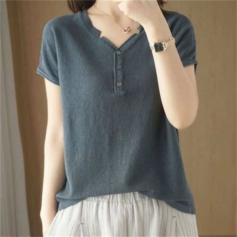 

Summer 100% Cotton T-shirt Women Clothing Korean Style V-neck Short Sleeve T-shirts Woman Solid Casual Basic Shirt Lady Tops