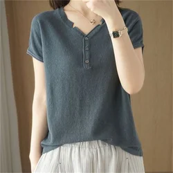 Summer 100% Cotton T-shirt Women Clothing Korean Style V-neck Short Sleeve T-shirts Woman Solid Casual Basic Shirt Lady Tops