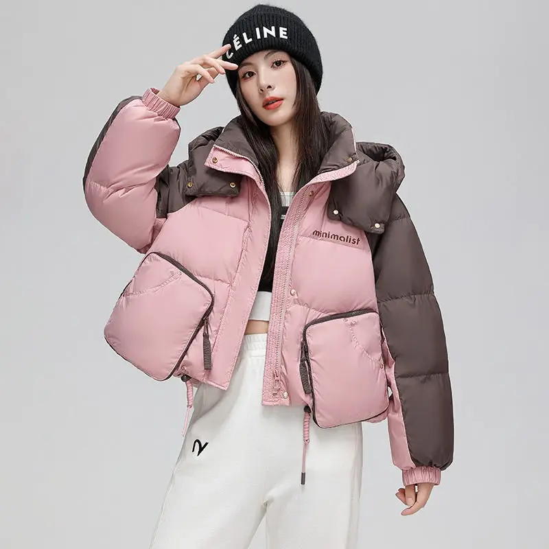 Warme Winter Frau Daunen jacke koreanische schicke Puffer jacke Kapuze Oberbekleidung Tasche Streetwear y2k lässige kurze Jacken dicken Mantel