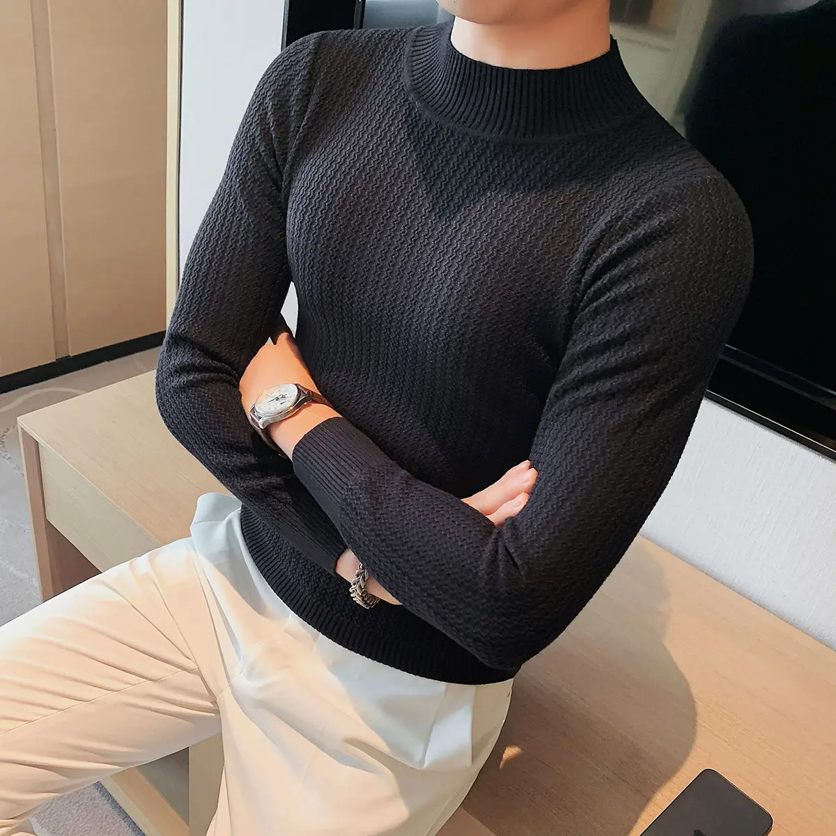 Half High Neck Sweater for Men in Autumn and Winter Slim Fit Trend Long Sleeved Knitted Base Shirt, Versatile Solid Color Top