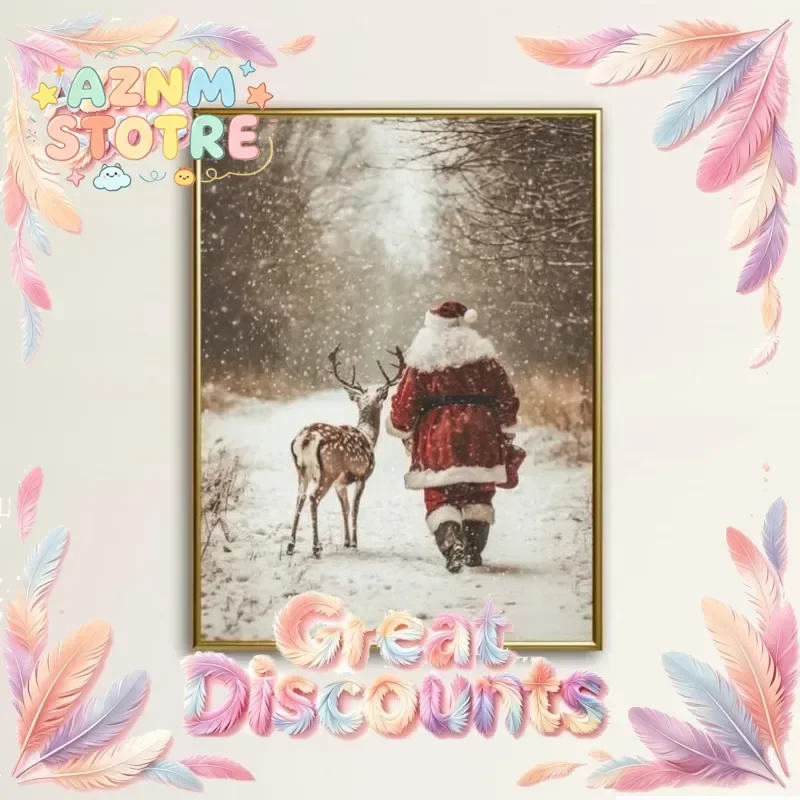 Santa Claus Reindeer Wall Art Print, Forest Snowfall in Winter Prints Christmas Home Decor, Holiday Home Improvement