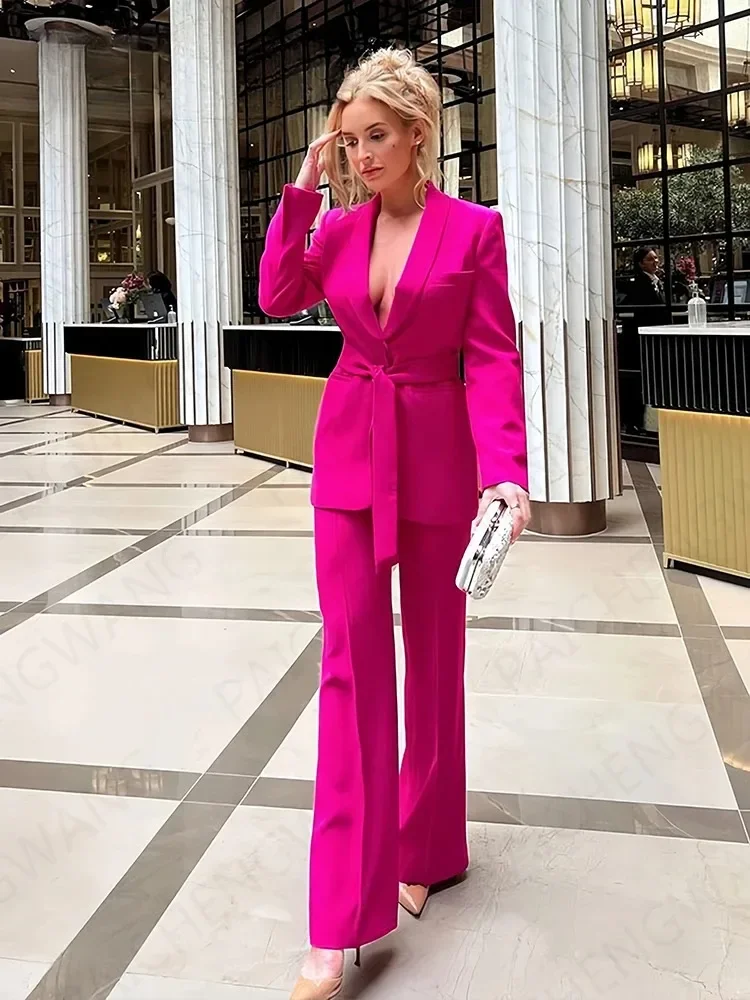 Elegant Shawl Lapel Women Suits Two Piece Summer Long Sleeves No Buttons Tuxedo Slim Casual Daily Pants Sets (Blazer+Pants)