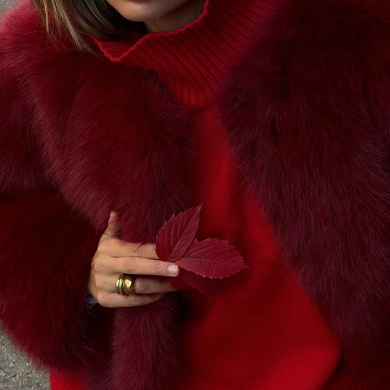 Neo Mint 2025 Ancora Red Christmas New Year Fur Coat Women Cropped Faux Fox Fur Jacket Chic Trendy Fluffy Furry Outerwear Female