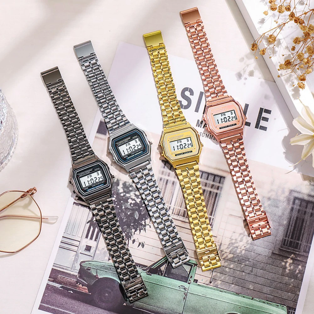 Elegant Digital Watch For Women Gold Silver Stainless Steel Business Ladies Electronic Wrist Watches Man Clock Zegarek Damski