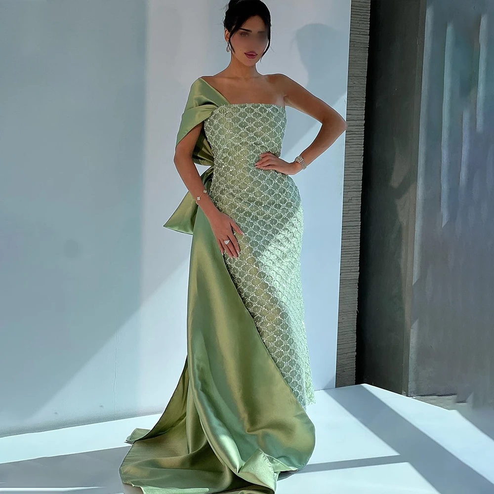 

Luxury Arabic Evening Dresses One Shoulder Sleeveless Mermaid Prom Dress Bow Gala Wedding Party Dress Customized robes de soirée