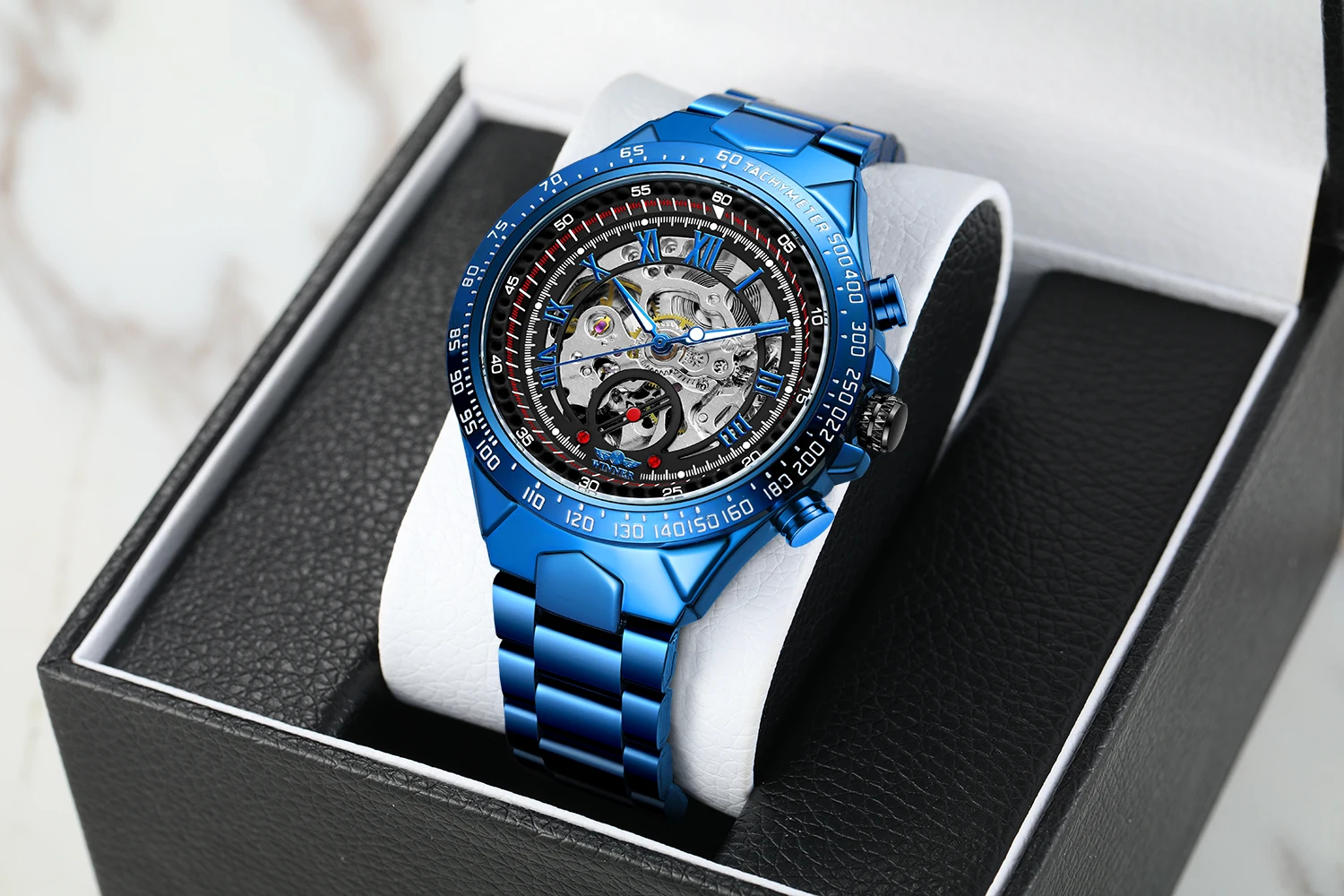 2024 Blue Dial Stainless Steel Skeleton Mechanical Automatic Watch Military Waterproof Male Wrist Watches High End Luxury Clock