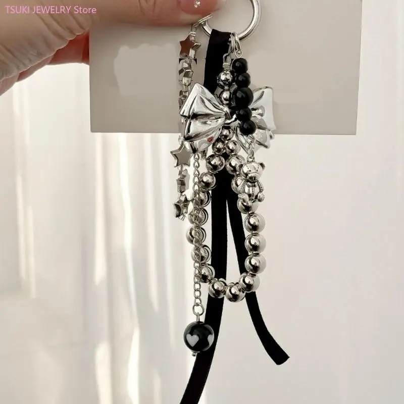 62KE Luggage Pendant With Beaded Bows Ornament For Bags And Keychains Black Handmade Charm Korean Gift