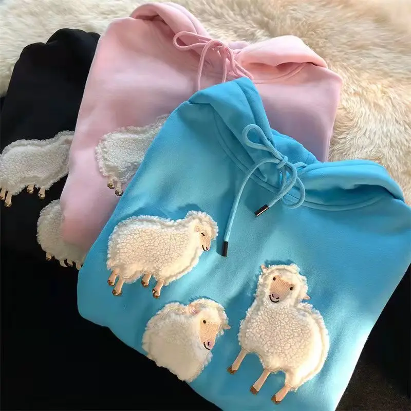 Sheep Embroidery Sweet Oversized Hoodies Women Kawaii Hoodie Long Sleeve Streetwear Student Anime Hoodie Autumn Japanese Fashion