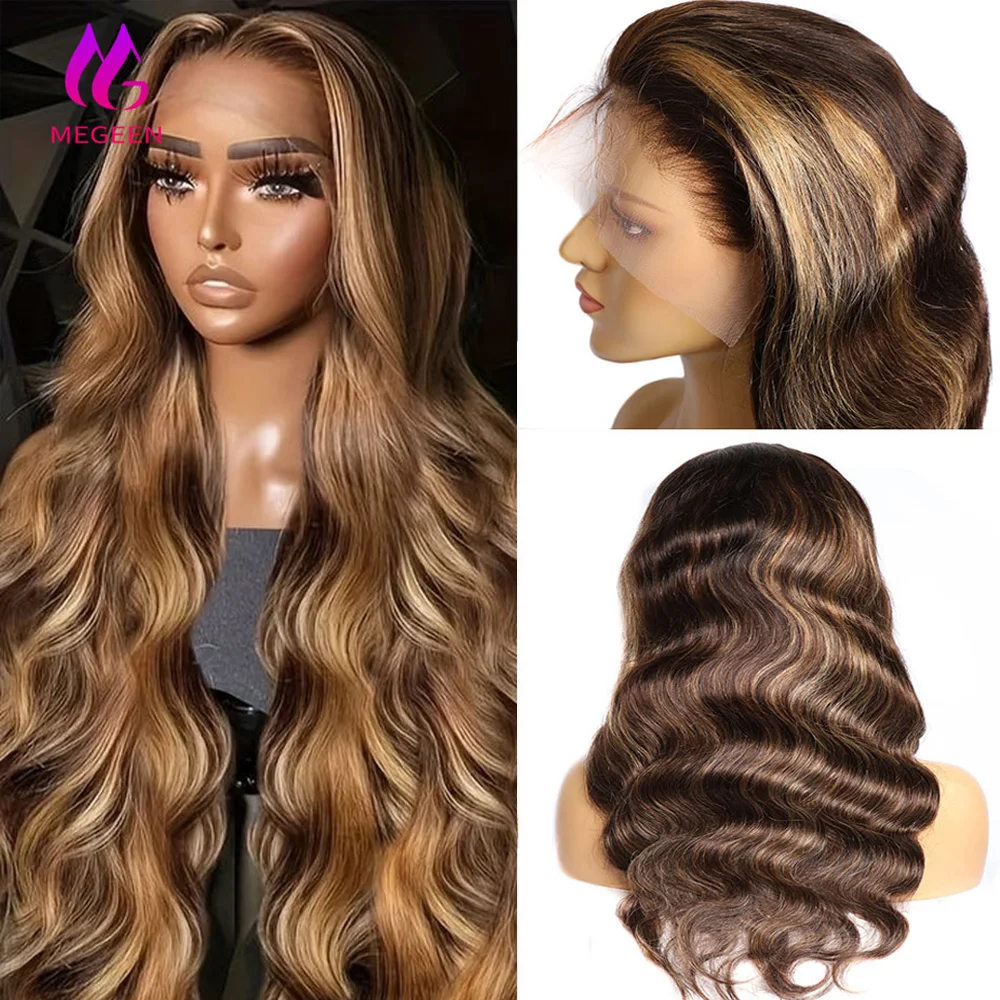 

Megeen Body Wave 100% Human Hair Highlight P4/27 Colored 13X4 Lace Front Wig Human Hair Pre Plucked Honey Blonde Lace Front Wig