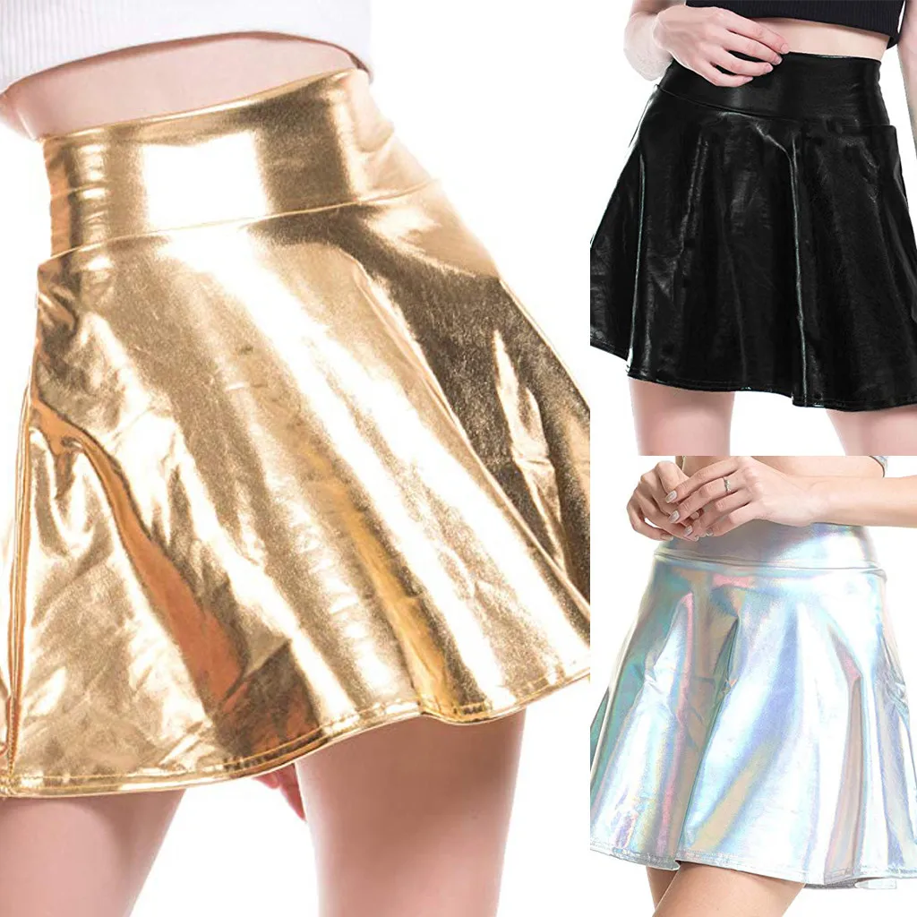 Mini-saia plissada de cintura alta feminina, curta, sexy, monocromática, casual, prateado, dourado, laser, festa, clube
