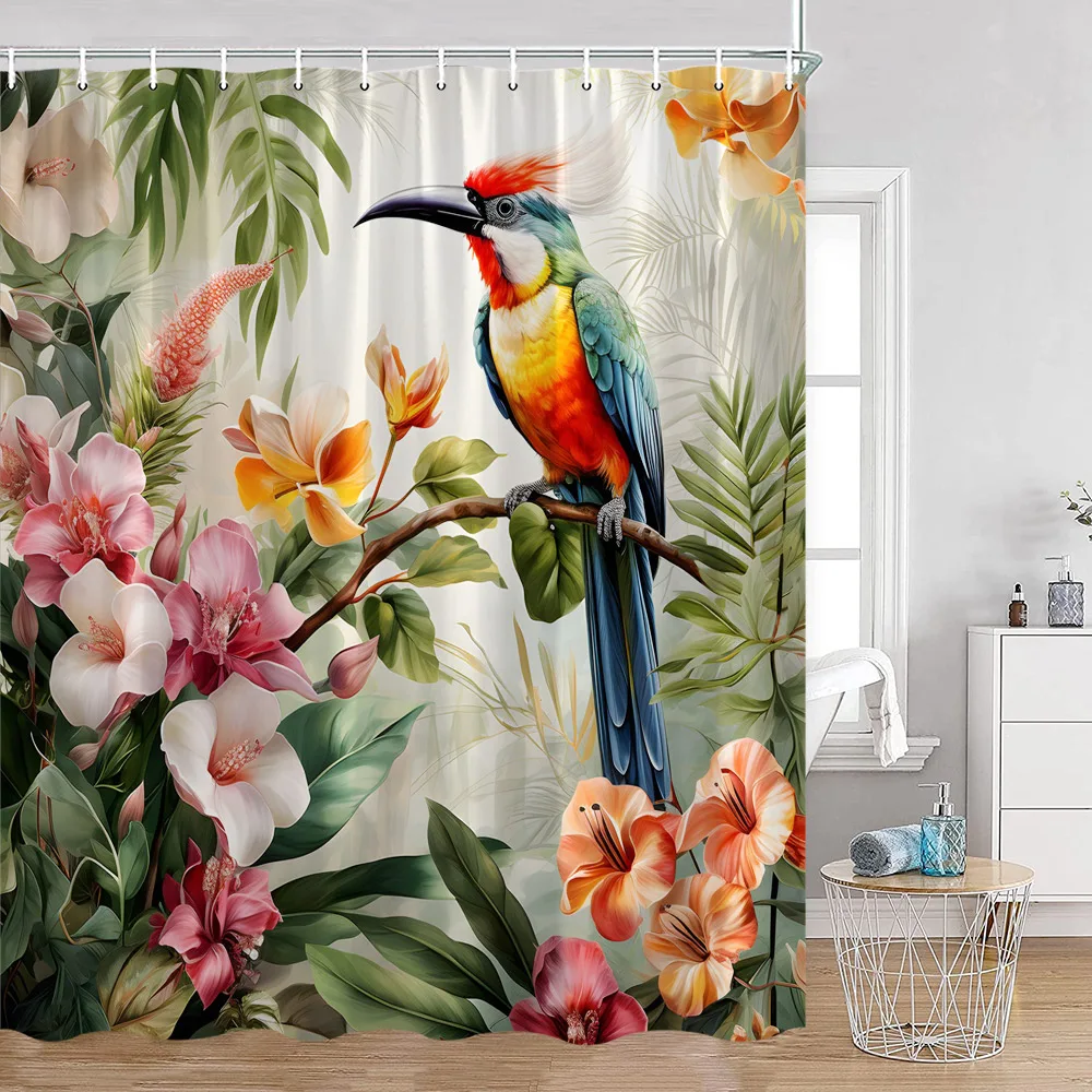 Funny Parrot Shower Curtains Tropical Plants Floral Green Leaves Watercolour Art Bath Curtain Fabric Bathroom Decor with Hooks