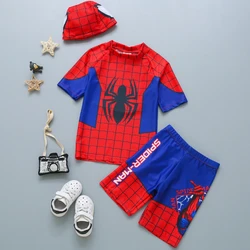 Disney Toddler Baby Boys Clothes Set Aoger Spiderman Print Short Sleeve Tops Elastic Waist Swim Hat Kids 3Pcs Bathing Suit