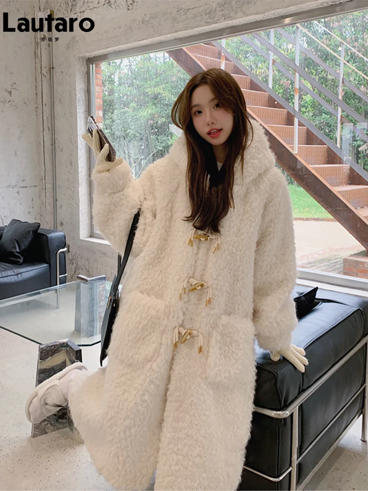 Lautaro Winter Long Loose Casual Soft Thick Warm Fluffy Faux Fur Coat Women with Hood Horn Button Pockets Fuzzy Jacket 2023