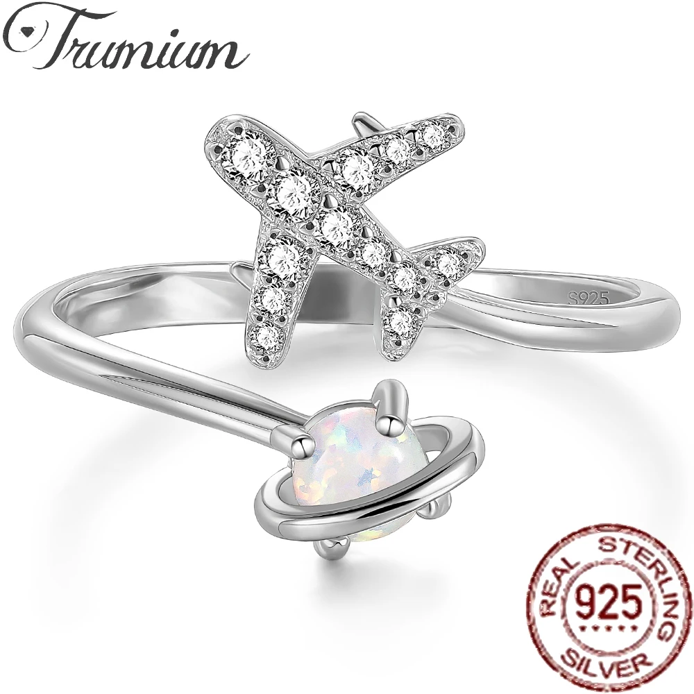 

Trumium Genuine 925 Sterling Silver Flying Plane Rings for Women White Fire Opal Ring Opening Wedding Engagement Jewelry