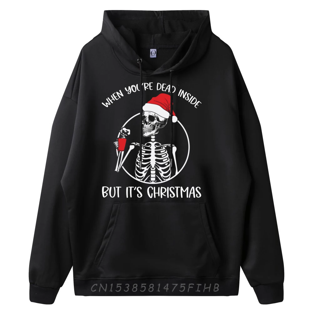 Coffee Skeleton When You're Dead Inside But It is Christmas Graphic Pullover Polyester Fiber Hoodies Men