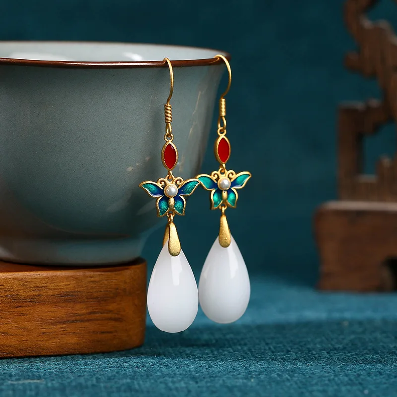 

Enamel Butterfly Ethnic Chinese Vintage Teardrop Dangle Drop Hook Earrings For Women Exquisite Niche Earring Jewelry