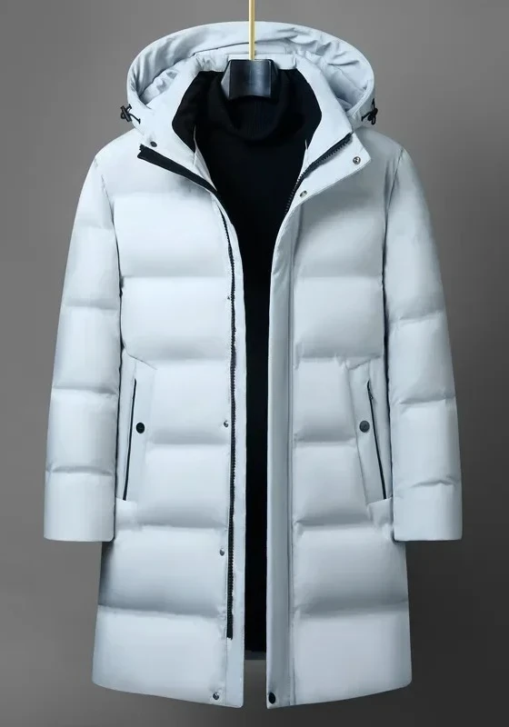 

Men's long down jacket, knee-length, white duck down, hooded jacket for young men, winter outdoor wear