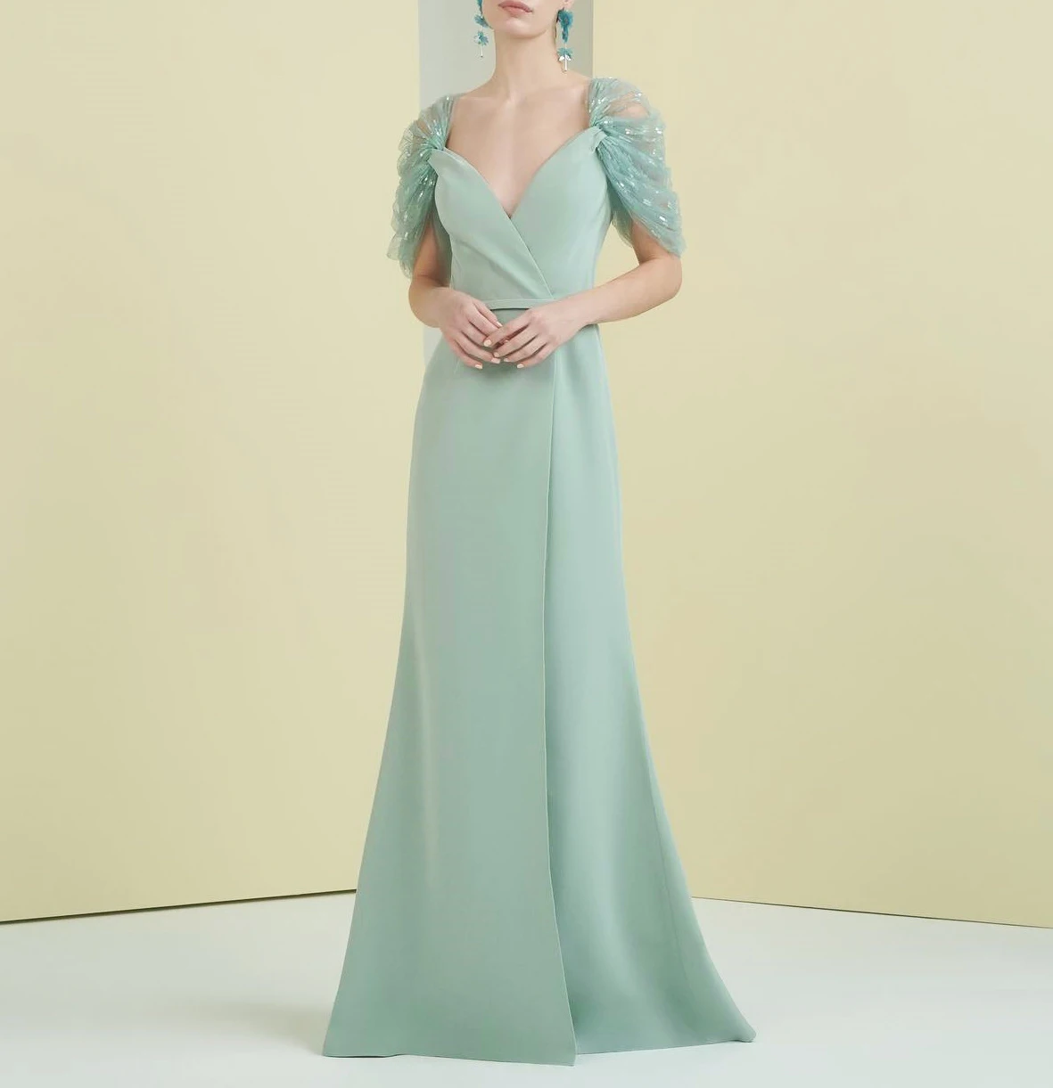 

ROSELLA Spa Green V Neck Evening Dresses with Sequins Cape Sleeves Ankle Length Mermaid Formal Occasions Dress New 2024