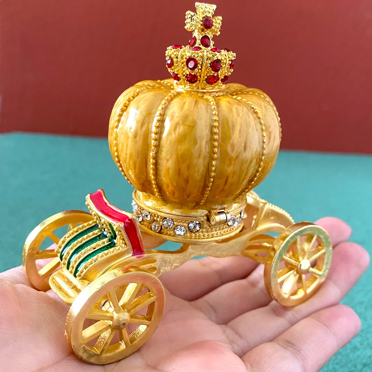 

Metal Pumpkin Carriage Jewelry Trinket Storage Box Hinged Enameled Figurine Collectible Ring Holder Organizer Home Decor