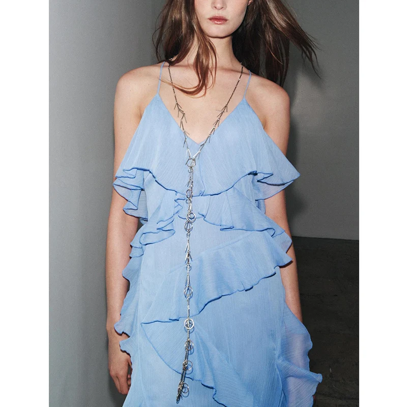 Novo Vestido Longo F de Verão para Praia e Férias, Estilo E com Decote em V, Sem Mangas, Decoração em Camadas, ...