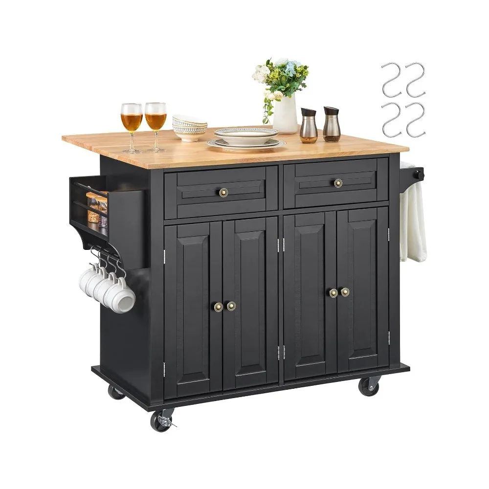 

Kitchen Island Cart, 35" Wood Top Mobile Carts with Storage Cabinet, Rolling Table with Drop Leaf, Spice Rack, Towel Bar,