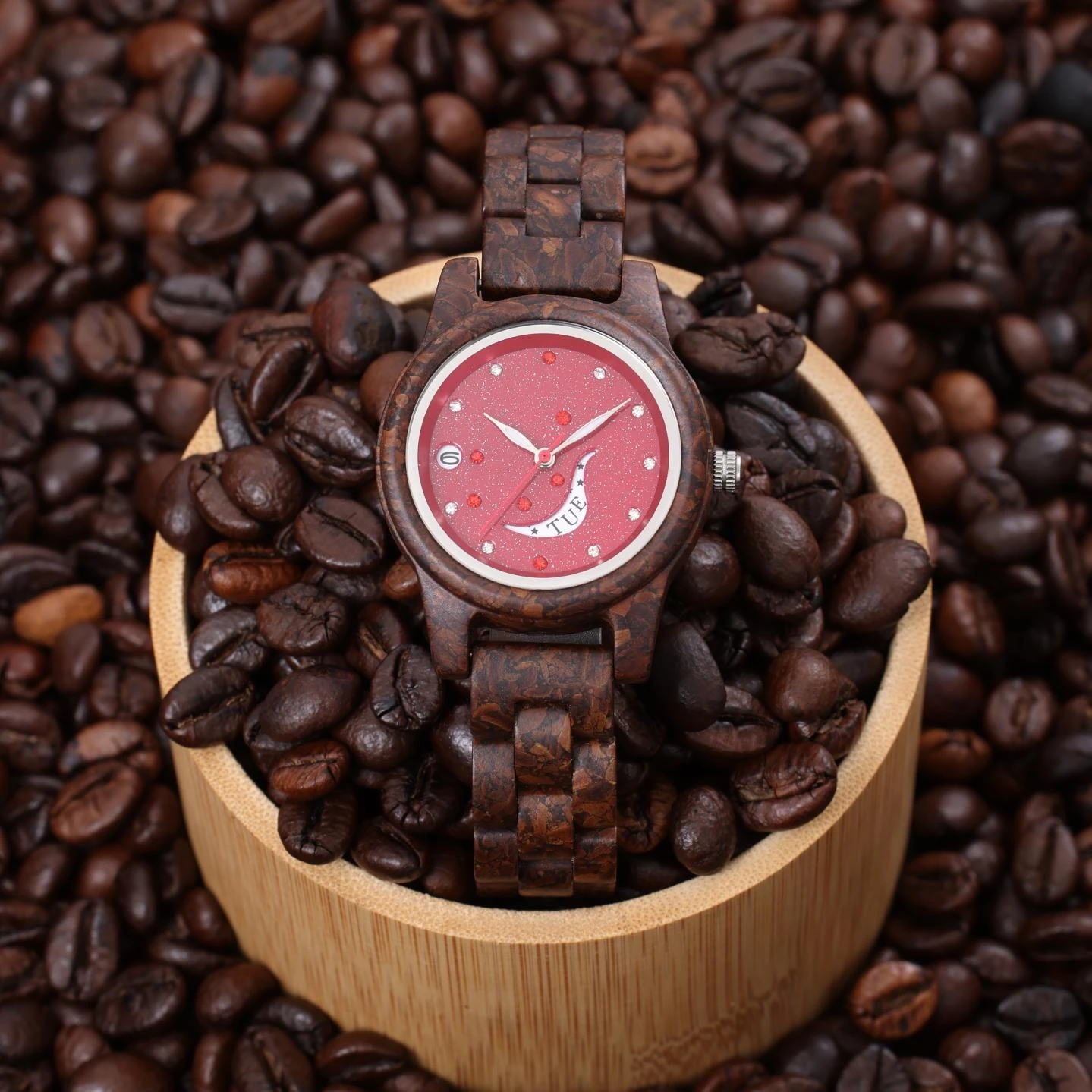 Woman Watch made of coffee beans with Natural crystal sandstone Dial Lady watch
