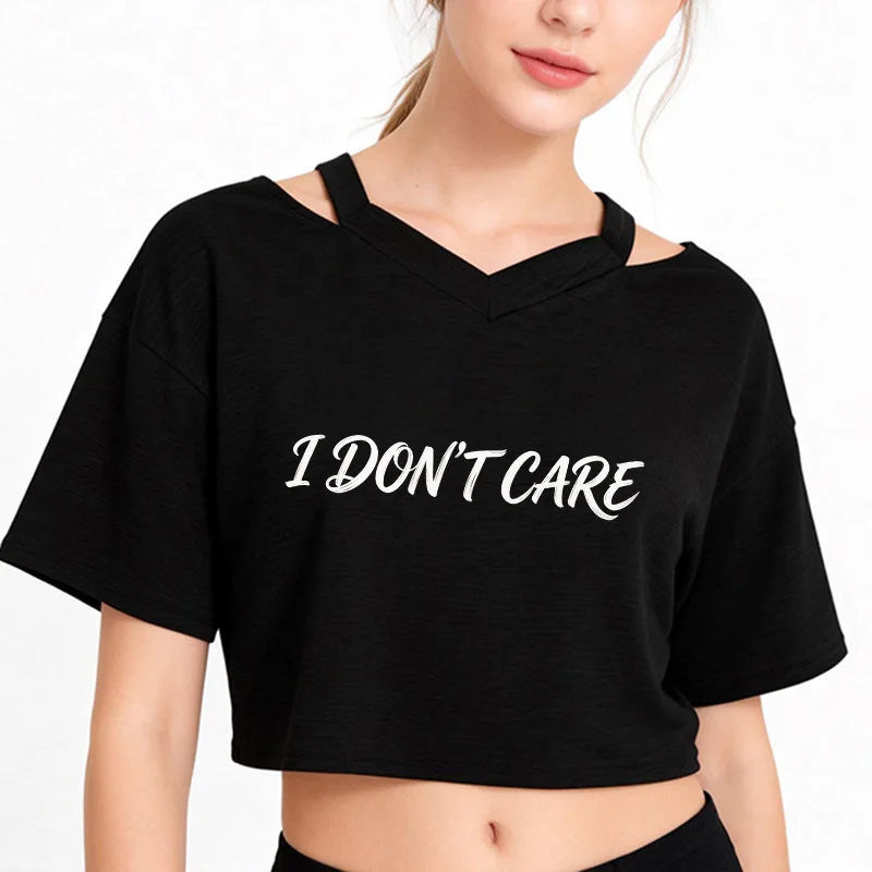 90s Graphic Black Crop Tops for Woman Fashion Sexy Tshirt Clothing Women's Letter I DNO'T CARE Print Y2K Cropped T Shirt Female