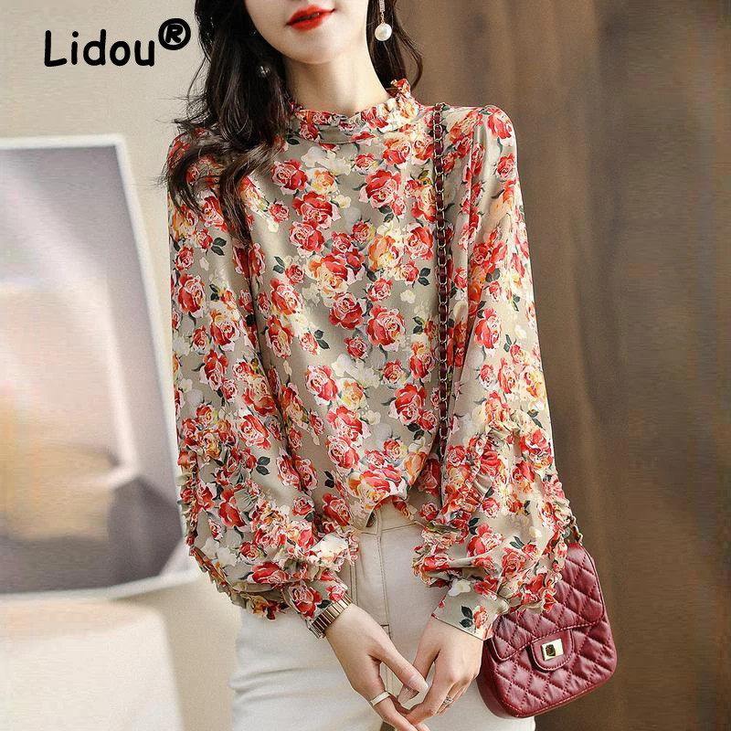 Retro Floral Print Elegant Chic Sweet Ruffle Shirts Spring Fashion Stand Collar Long Sleeve Tops Blouses for Women Clothing 2023