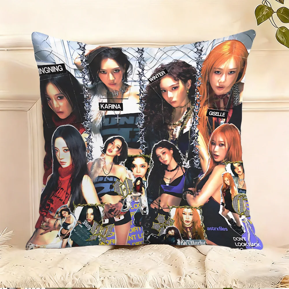 Music Group Pillow Covers Cartoon Sofa Decorative Home Double-sided Printing Short Plush Cute Cushion-A-Aespas-Cover
